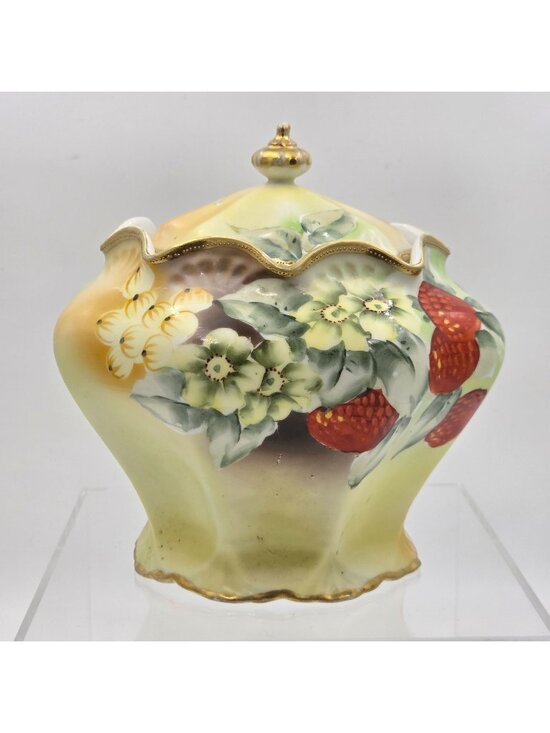 Nippon Other - Antique Nippon Biscuit Jar Hand Painted Raspberries Gooseberries w/ Lid Japan
